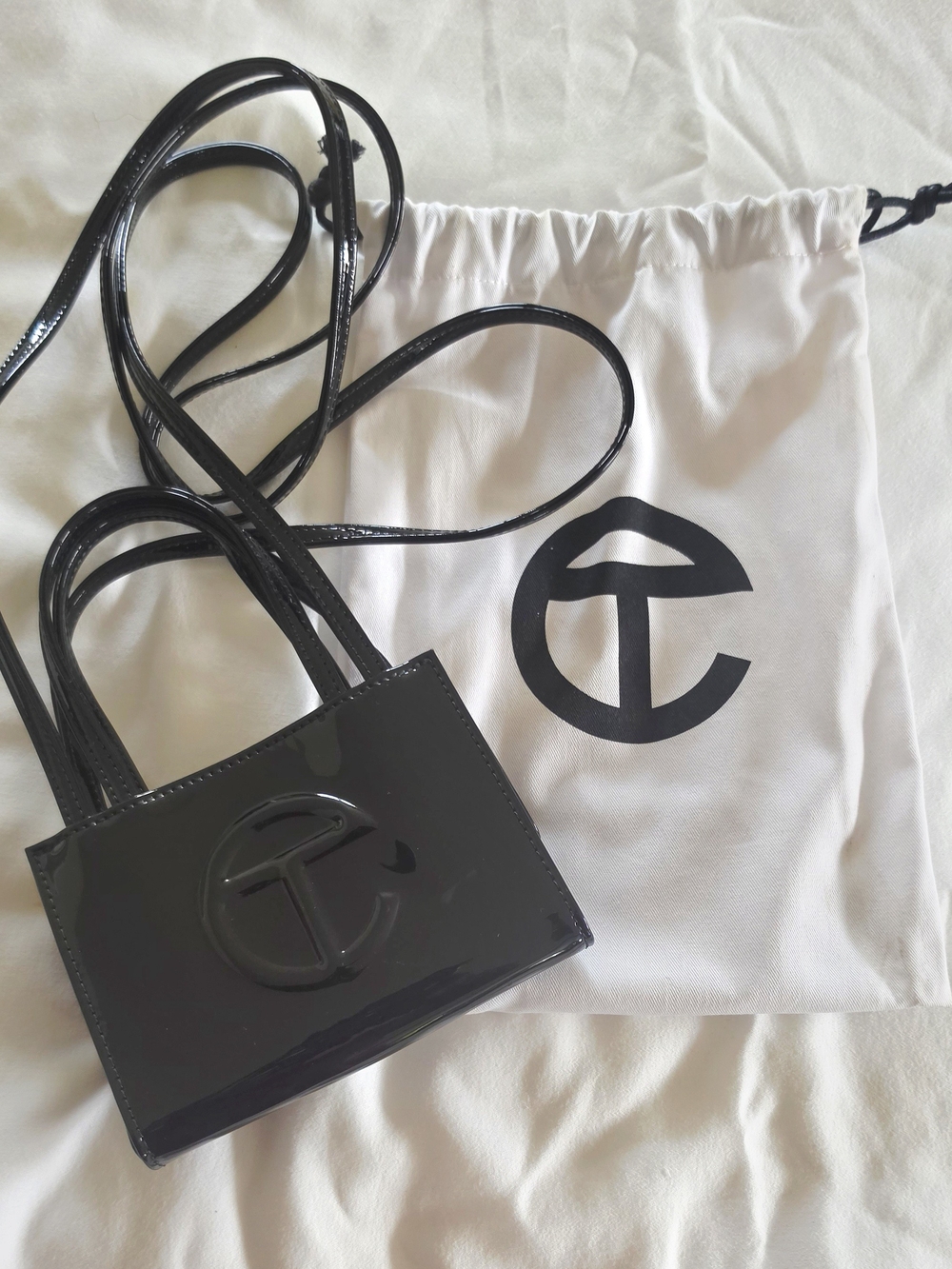 Black Patent Leather Mini Crossbody Bag with Logo